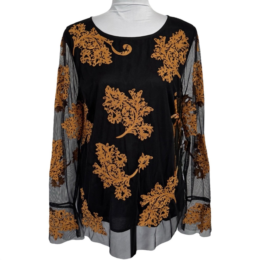 Sundance Boho Beaded Sheer Embroidered Top Size Small Black Brown Orange Floral